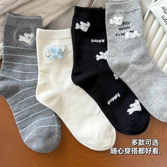 女襪｜襪子女士彈力無骨親膚舒適中筒襪植絨卡通棉質吸汗透氣堆堆襪「XHS25103」25.09-5