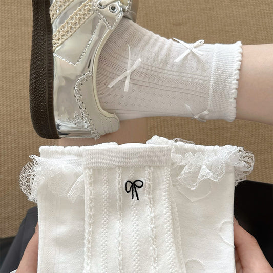女襪｜白色堆堆襪子女春夏薄款miu系蝴蝶結中筒襪吸汗透氣諸暨襪子批發「YM2510」25.03-4