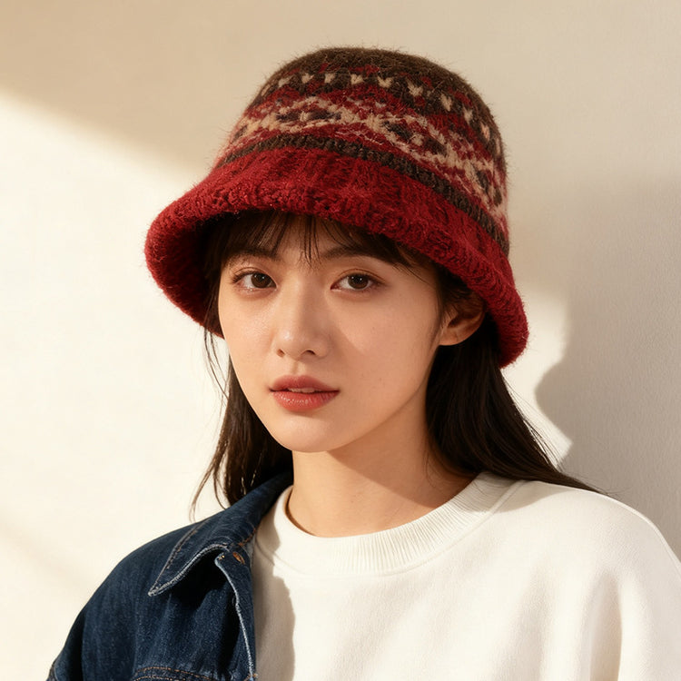 流行帽子｜費爾島風提花漁夫帽子女韓版百搭2025新款時尚盆帽顯臉小水桶帽男「C5835」25.11-3