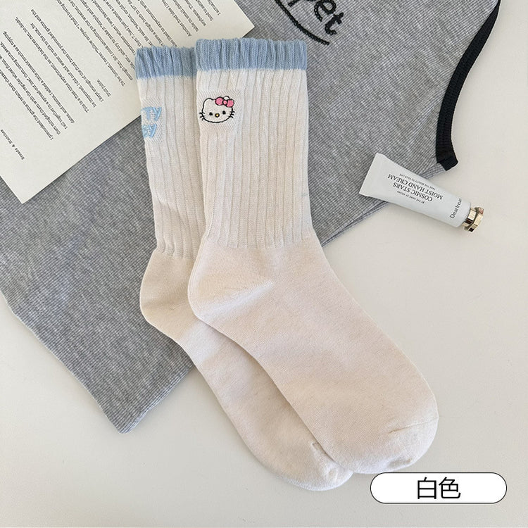 女襪｜卡通後跟AB刺繡襪子女ins潮學院風撞色中筒襪棉質吸汗透氣運動襪「XHS25107」25.09-4