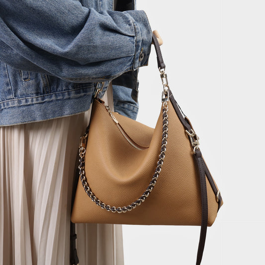 質感真皮｜2025新款潮流時尚百搭休閒頭層軟牛皮鏈條荔枝紋單肩包斜挎通勤托特包「6667」25.12-2