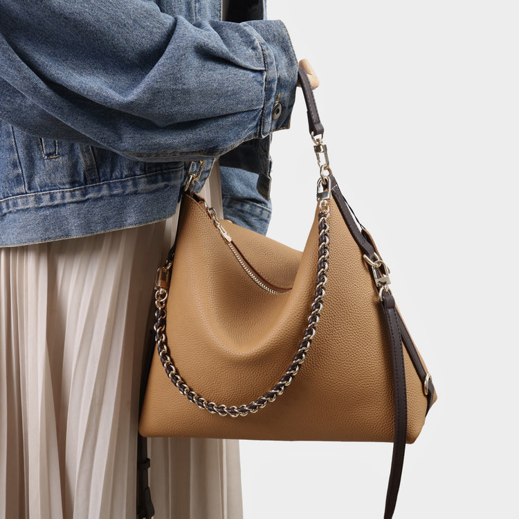 質感真皮｜2025新款潮流時尚百搭休閒頭層軟牛皮鏈條荔枝紋單肩包斜挎通勤托特包「6667」25.12-2