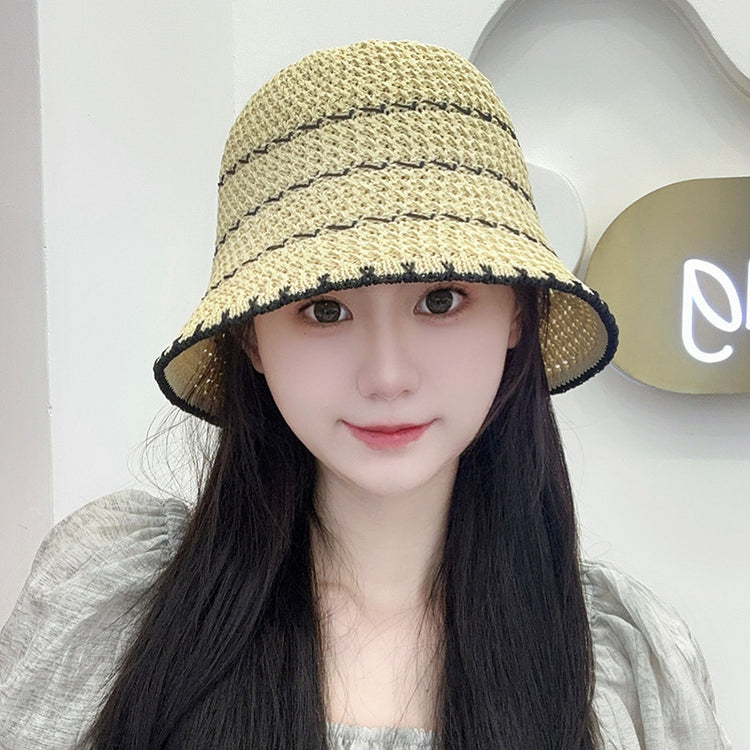 流行帽子｜夏季新款鏤空透氣帽子女編織草帽遮陽沙灘水桶帽海邊太陽帽子批發「C5038」25.05-2