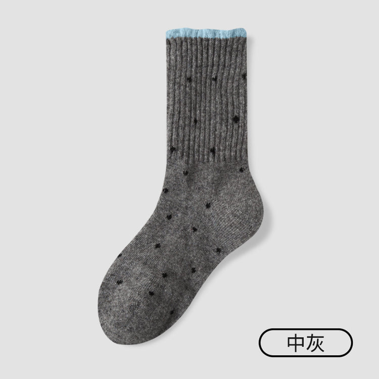 女襪｜復古波點襪子女冬季加絨加厚保暖美利奴羊毛襪親膚舒適彈力中筒襪「GO2576」25.11-1