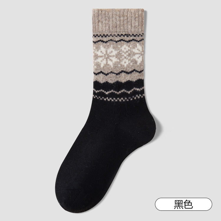 女襪｜費爾島復古提花羊毛襪子女秋冬加厚保暖堆堆襪日系百搭彈力中筒襪「LM9216」25.11-4