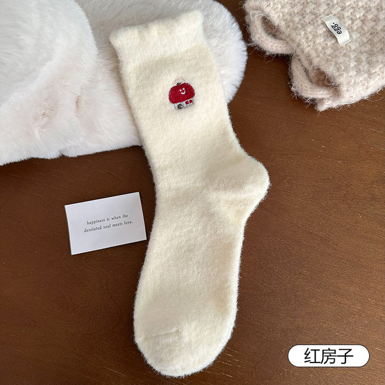 女襪｜白色澳絨襪子女秋冬季加絨加厚保暖中筒襪可愛卡通刺繡諸暨襪子「H5785」25.11-3