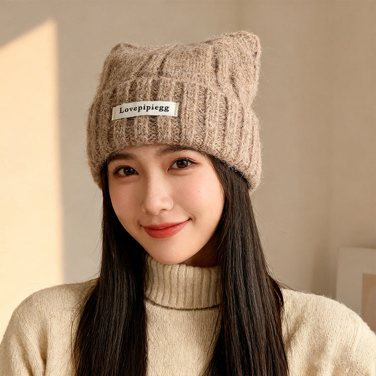 流行帽子｜貓耳朵帽子女秋冬韓系大頭圍可愛保暖針織帽護耳顯臉小毛線冷帽潮「C5838」25.11-3