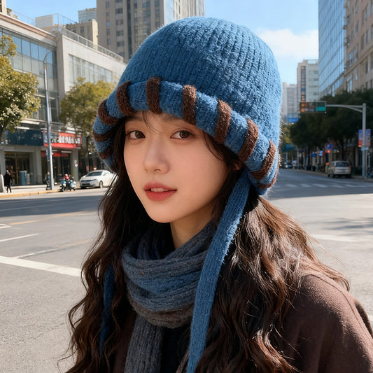 流行帽子｜秋冬新款保暖帽子女防寒護耳帽大頭圍顯臉小針織毛線帽系帶套頭帽「C5699」25.10-2