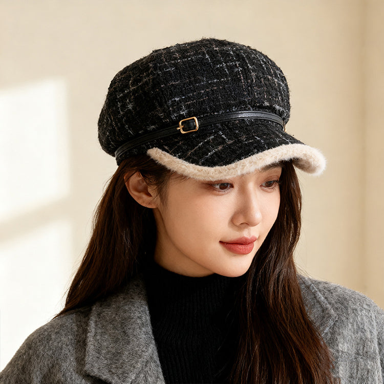 流行帽子｜小香風格子毛絨帽子女秋冬保暖顯臉小八角帽大頭圍日系鴨舌貝雷帽「C5840」25.11-3