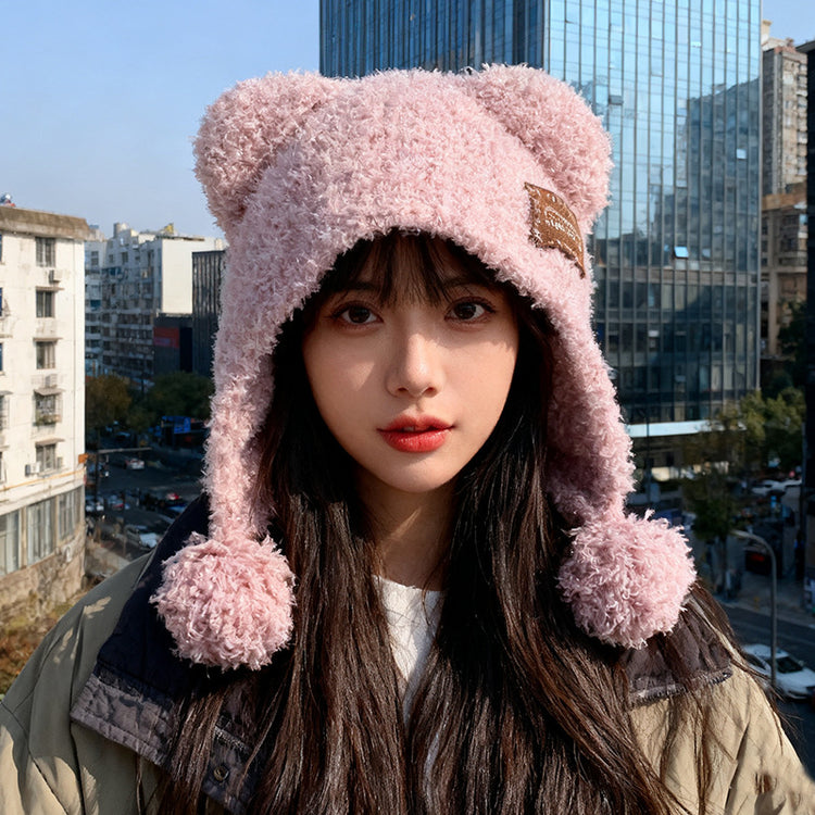 流行帽子｜可愛小熊耳朵球球毛絨帽子女秋冬保暖百搭針織帽護耳防寒「C5746」25.11-1