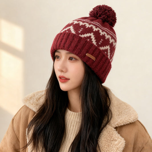 流行帽子｜費爾島風針織帽子女秋冬保暖護耳毛線帽百搭大頭圍顯臉小套頭冷帽「C5828」25.11-3