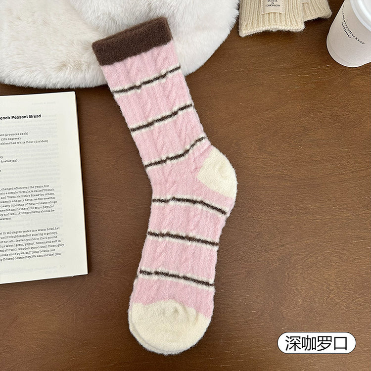 女襪｜撞色條紋襪子秋冬季ins韓版加絨加厚堆堆襪蓄熱鎖溫毛絨中筒襪「H5767」25.11-2