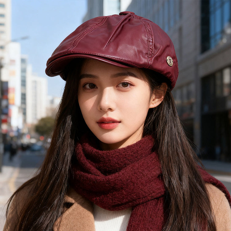 流行帽子｜英倫復古pu報童帽子女秋冬英倫顯臉小反戴貝雷帽小眾百搭前進帽潮「C5646」25.09-4