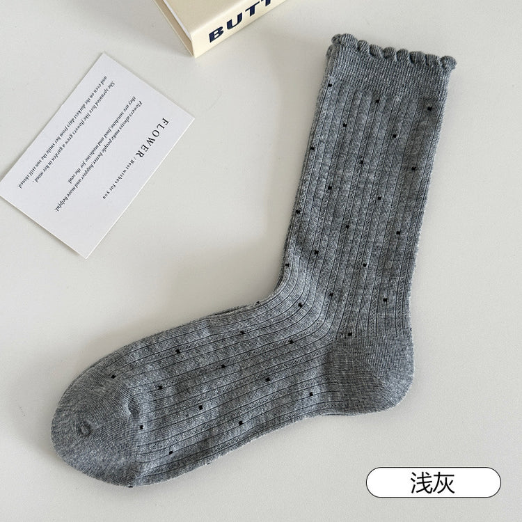 女襪｜襪子女士夏季薄款復古波點花邊堆堆襪棉質吸汗透氣彈力中筒襪「AM2505」25.07-5
