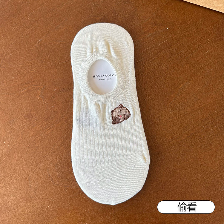 女襪｜襪子女士棉質親膚吸汗透氣彈力無骨隱形襪卡通刺繡不掉跟船襪「H5606」25.05-3