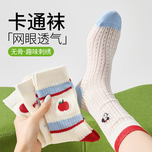 女襪｜襪子女士夏季薄款網眼透氣卡通中筒襪棉質吸汗彈力無骨堆堆襪「20213」25.07-1