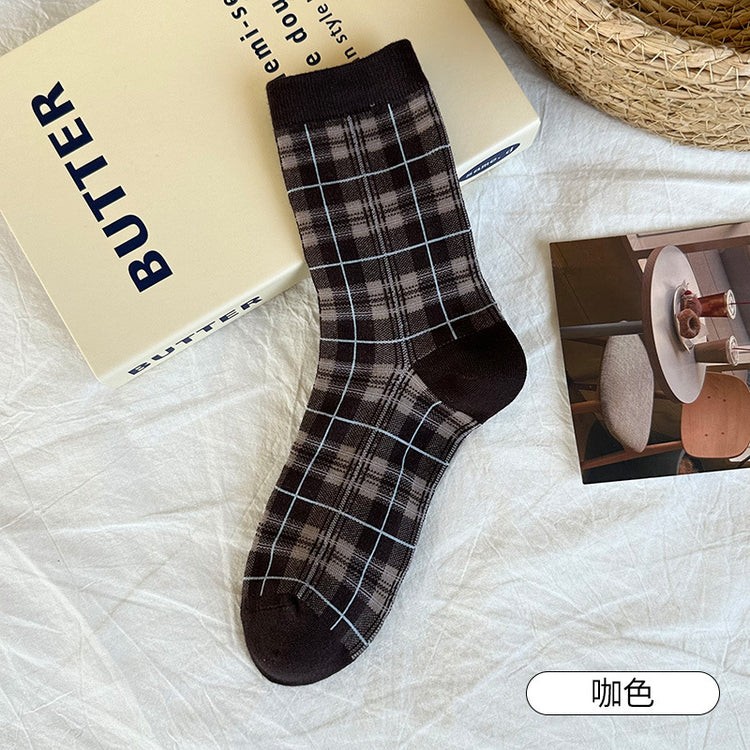 女襪｜復古格子襪子女ins潮學院風甜美百搭中筒襪棉質吸汗透氣堆堆襪「CX805」25.10-1