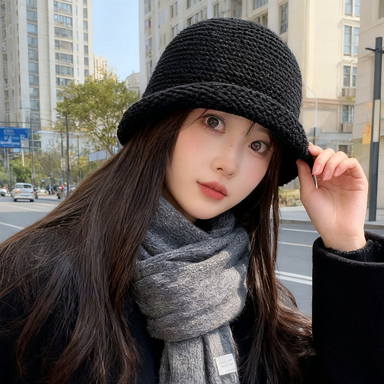 流行帽子｜秋冬日系加厚毛線漁夫帽子女卷邊盆帽純色百搭保暖顯臉小針織帽男「C5653」25.09-5