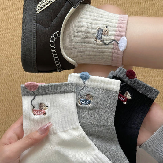 女襪｜拼色羅口襪子女立體卡通氣球小狗彈力無骨短襪棉質吸汗透氣運動襪「XC2327」25.08-2