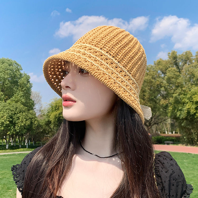 流行帽子｜夏季新款鏤空透氣帽子女編織草帽遮陽沙灘水桶帽海邊太陽帽子批發「C5038」25.05-2