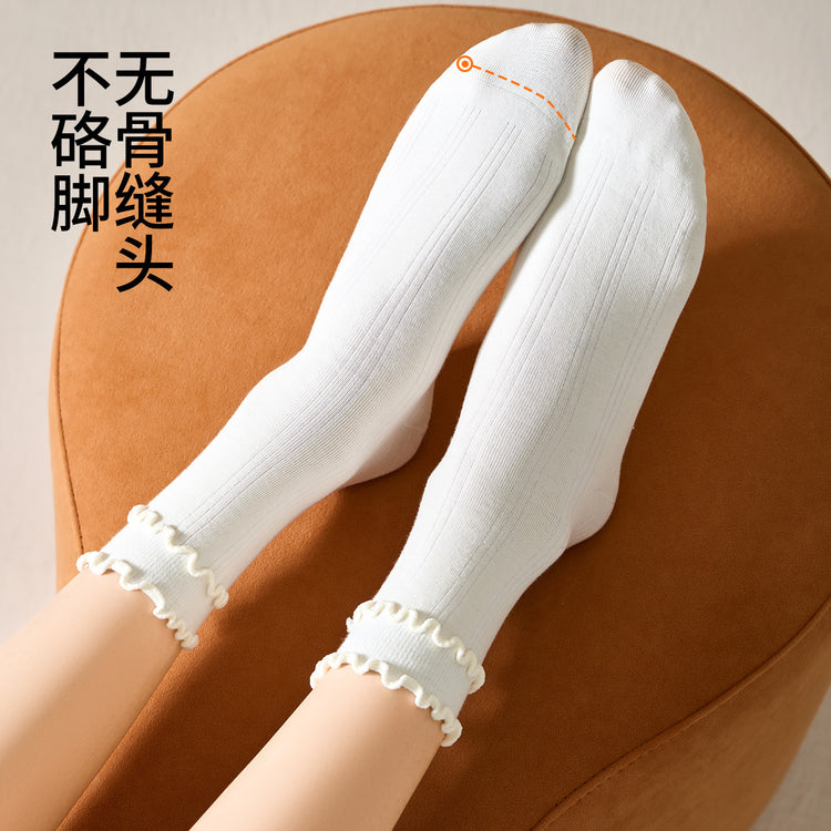 女襪｜10A抑菌襪子女棉質吸汗透氣彈力無骨中筒襪木耳邊親膚舒適堆堆襪「TY154」25.10-4