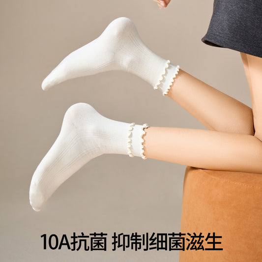 女襪｜10A抑菌襪子女棉質吸汗透氣彈力無骨中筒襪木耳邊親膚舒適堆堆襪「TY154」25.10-4