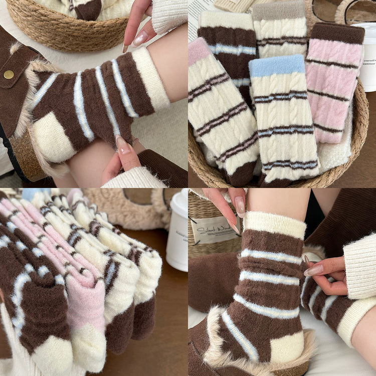 女襪｜撞色條紋襪子秋冬季ins韓版加絨加厚堆堆襪蓄熱鎖溫毛絨中筒襪「H5767」25.11-2