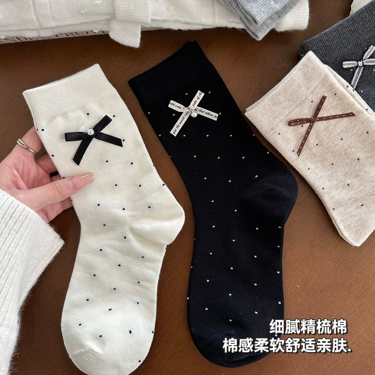 女襪｜miu系蝴蝶結襪子女棉質吸汗透氣彈力中筒襪親膚舒適ins潮堆堆襪「MK5136」25.09-5