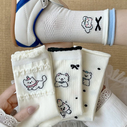 女襪｜卡通可愛小狗襪子女夏季通勤簡約ins潮中筒襪棉質吸汗透氣堆堆襪「XH2506」25.06-4