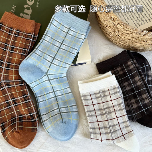 女襪｜復古格子襪子女ins潮學院風甜美百搭中筒襪棉質吸汗透氣堆堆襪「CX805」25.10-1