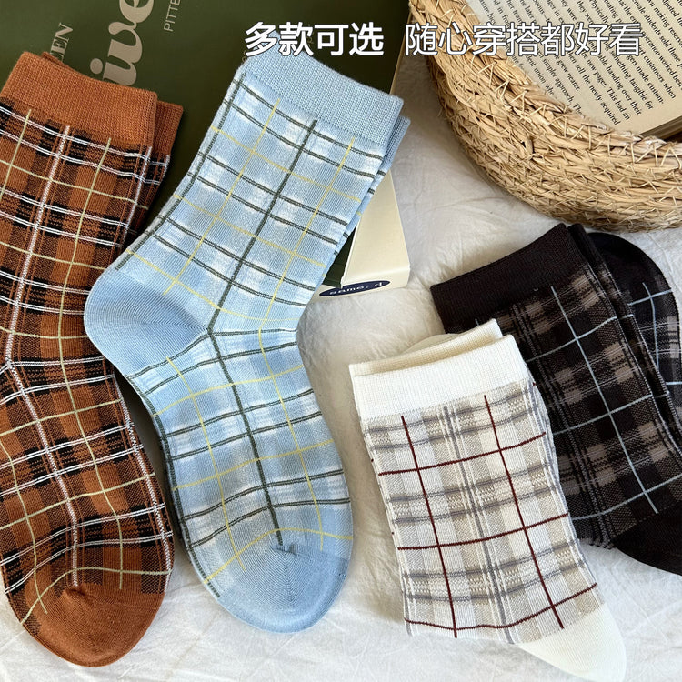 女襪｜復古格子襪子女ins潮學院風甜美百搭中筒襪棉質吸汗透氣堆堆襪「CX805」25.10-1