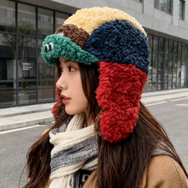 流行帽子｜可愛泡芙蛙翻檐羊羔絨帽子女冬保暖護耳帽多巴胺撞色套頭帽男「C5726」25.10-4