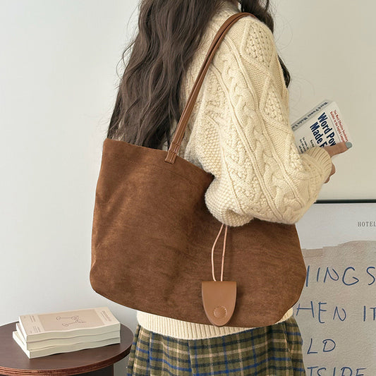 日韓流行｜秋冬復古麂皮絨大容量包包新款女式休閒棕色托特包手提單肩通勤包「4F656」25.12-2