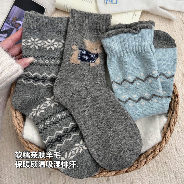 女襪｜加厚羊毛襪子女日系保暖可愛卡通堆堆襪軟糯親膚舒適彈力中筒襪「HD25868」25.12-1