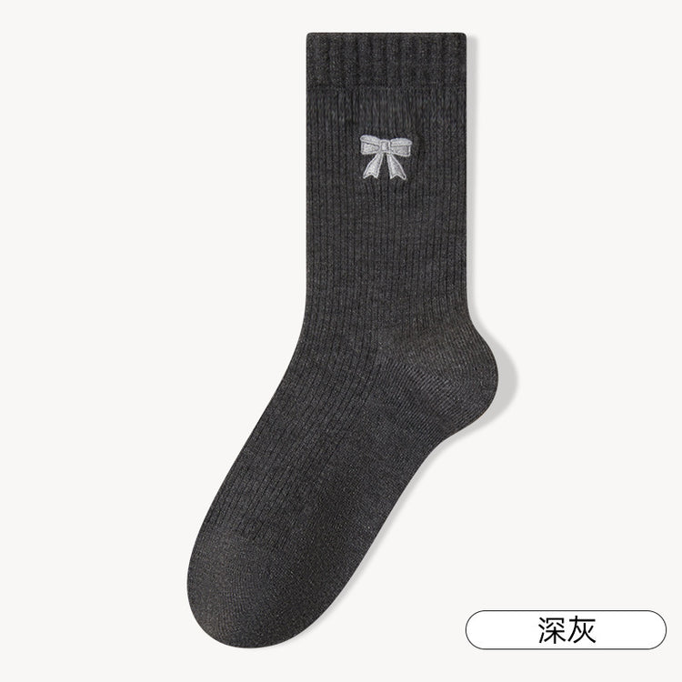 女襪｜刺繡蝴蝶結襪子女秋冬加絨加厚蓄熱保暖中筒襪親膚舒適產後月子襪「MYH24151」25.10-1