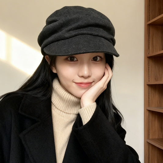 流行帽子｜日系山本風褶皺貝雷帽子女秋冬2025新款馬術帽復古鴨舌平頂報童帽「C5861」25.11-4