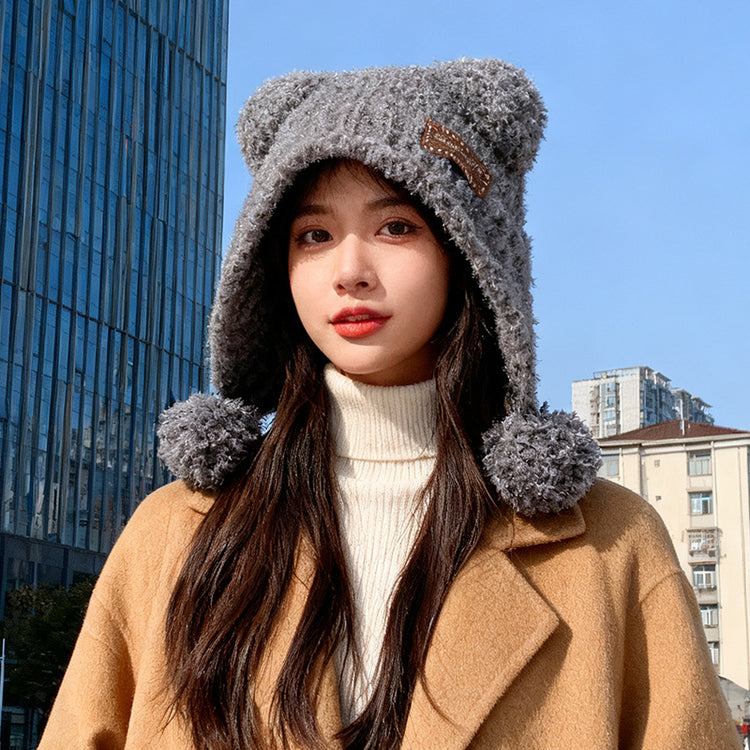 流行帽子｜可愛小熊耳朵球球毛絨帽子女秋冬保暖百搭針織帽護耳防寒「C5746」25.11-1