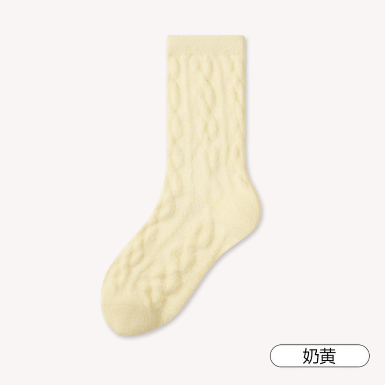 女襪｜澳絨睡眠襪子女冬季加厚保暖中筒襪糖果色麻花紋理居家蓄熱地板襪「TM3599」25.12-1