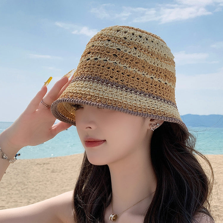 流行帽子｜夏季新款鏤空透氣帽子女編織草帽遮陽沙灘水桶帽海邊太陽帽子批發「C5038」25.05-2