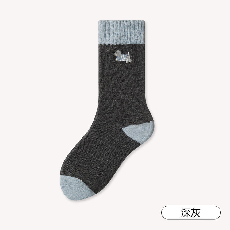 女襪｜美利奴羊毛襪子女ins潮拼色卡通刺繡中筒襪秋冬季加厚保暖堆堆襪「GO2570」25.12-2