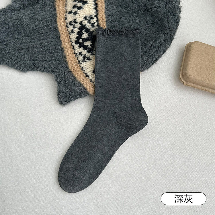 女襪｜白色堆堆襪子女美利奴羊毛木耳邊中筒襪秋冬保暖蓄熱鎖溫襪子「JX7855」25.10-4