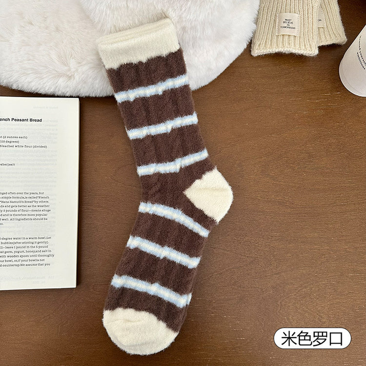女襪｜撞色條紋襪子秋冬季ins韓版加絨加厚堆堆襪蓄熱鎖溫毛絨中筒襪「H5767」25.11-2