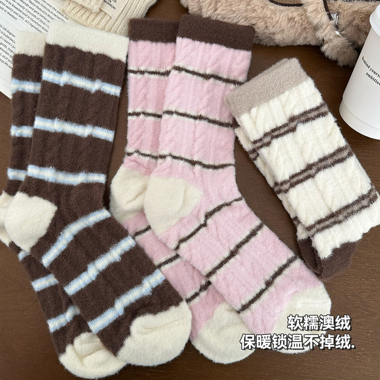 女襪｜撞色條紋襪子秋冬季ins韓版加絨加厚堆堆襪蓄熱鎖溫毛絨中筒襪「H5767」25.11-2