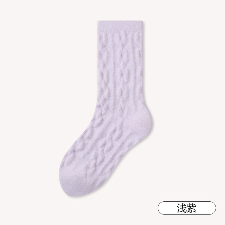 女襪｜澳絨睡眠襪子女冬季加厚保暖中筒襪糖果色麻花紋理居家蓄熱地板襪「TM3599」25.12-1