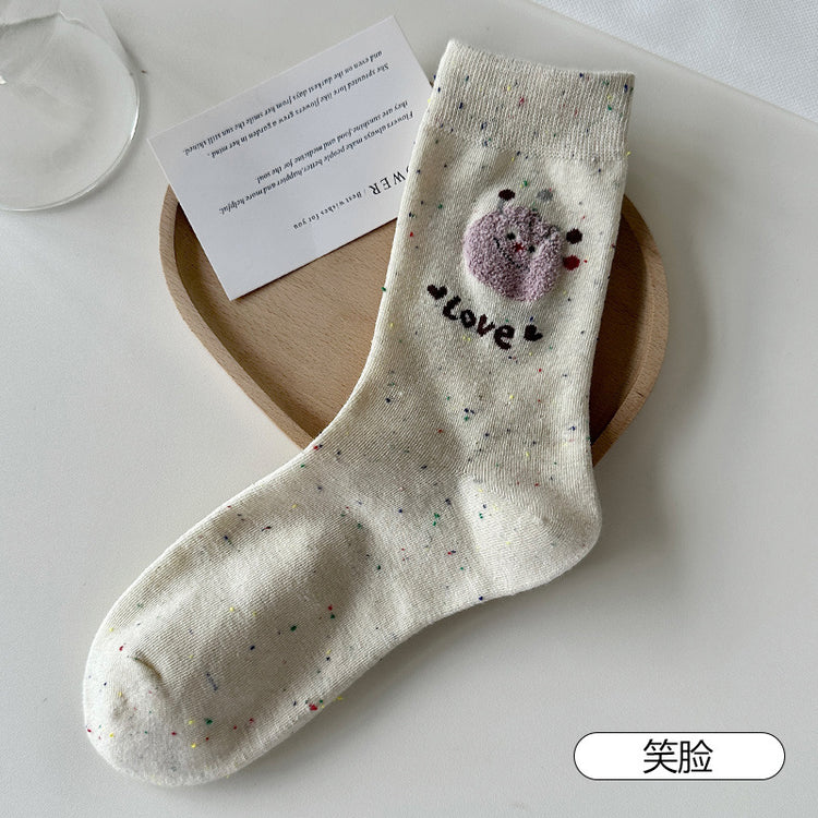 女襪｜點子紗襪子女棉質吸汗透氣彈力無骨中筒襪毛絨卡通親膚舒適堆堆襪「HC5202」25.07-5