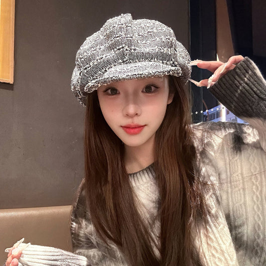 流行帽子 | 帽子女新款復古小香風格紋八角帽百搭顯臉小韓版高級感貝雷帽冷帽「C4375」24.09-2