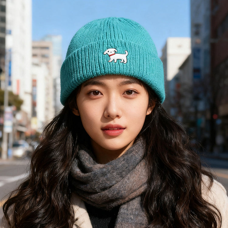 流行帽子｜可愛小狗刺繡針織帽女秋冬款韓版百搭毛線帽顯臉小大頭圍保暖帽子「C5674」25.09-5