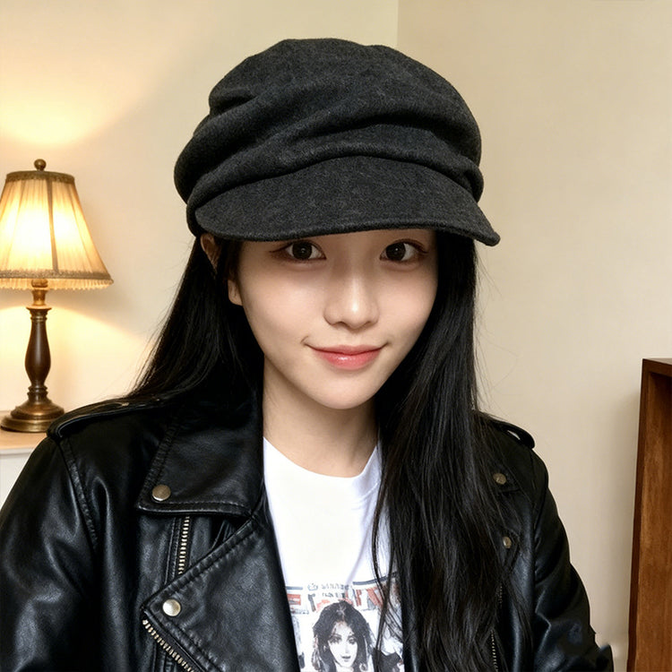 流行帽子｜日系山本風褶皺貝雷帽子女秋冬2025新款馬術帽復古鴨舌平頂報童帽「C5861」25.11-4