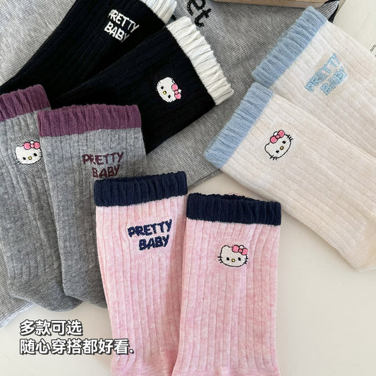 女襪｜卡通後跟AB刺繡襪子女ins潮學院風撞色中筒襪棉質吸汗透氣運動襪「XHS25107」25.09-4