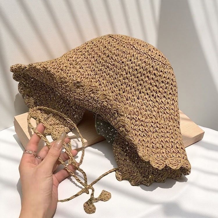 流行帽子｜手工編織鏤空草帽子女夏可折疊海邊度假遮陽防曬帽百搭大檐太陽帽「C5326」25.06-3